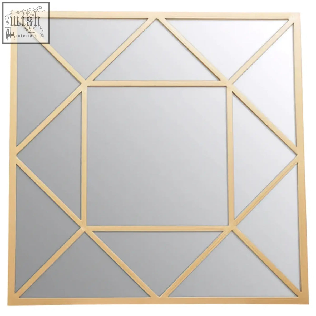 Descartes gold frame wall mirror with a gold frame and geometric diamond pattern for stylish wall decor