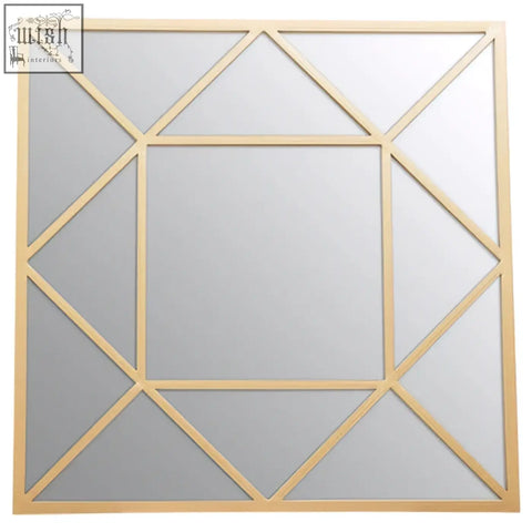 Descartes gold frame wall mirror with a gold frame and geometric diamond pattern for stylish wall decor
