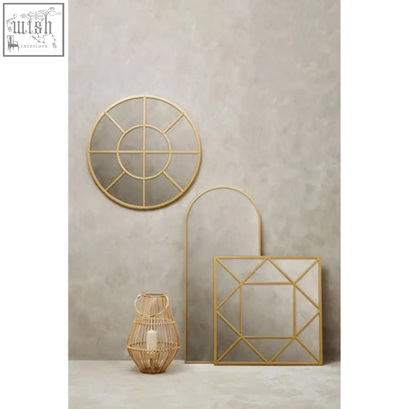 Gold-toned descartes gold frame wall mirror featuring geometric circular and square shapes for stylish decor