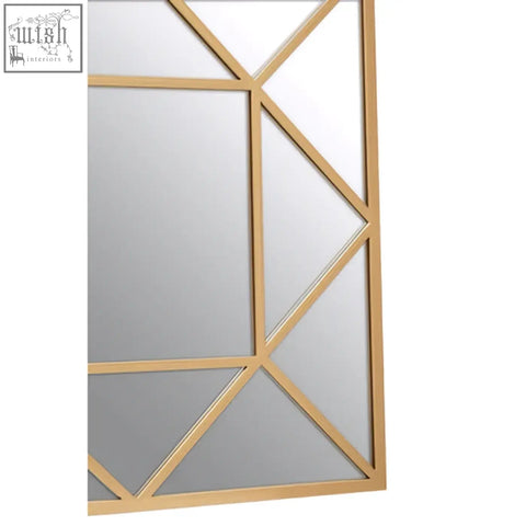 Descartes gold frame wall mirror with gold tone geometric intersecting triangular and rectangular frames for stylish decor