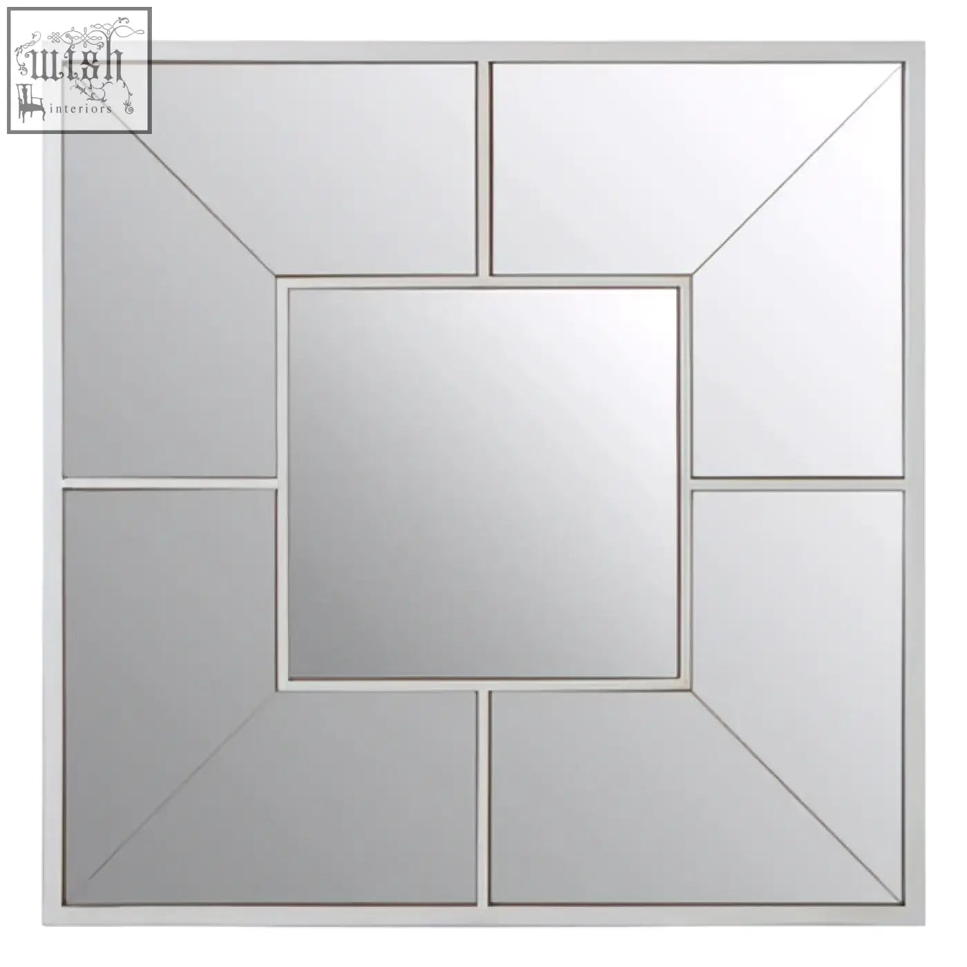 Silver-framed large solar effect wall mirror with geometric design and central square panel surrounded by angled segments