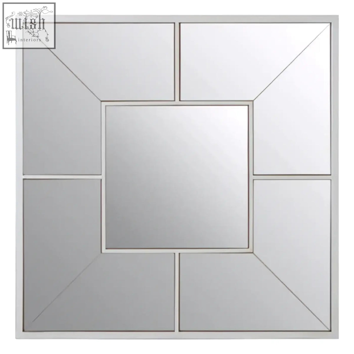 Silver-framed large solar effect wall mirror with geometric design and central square panel surrounded by angled segments