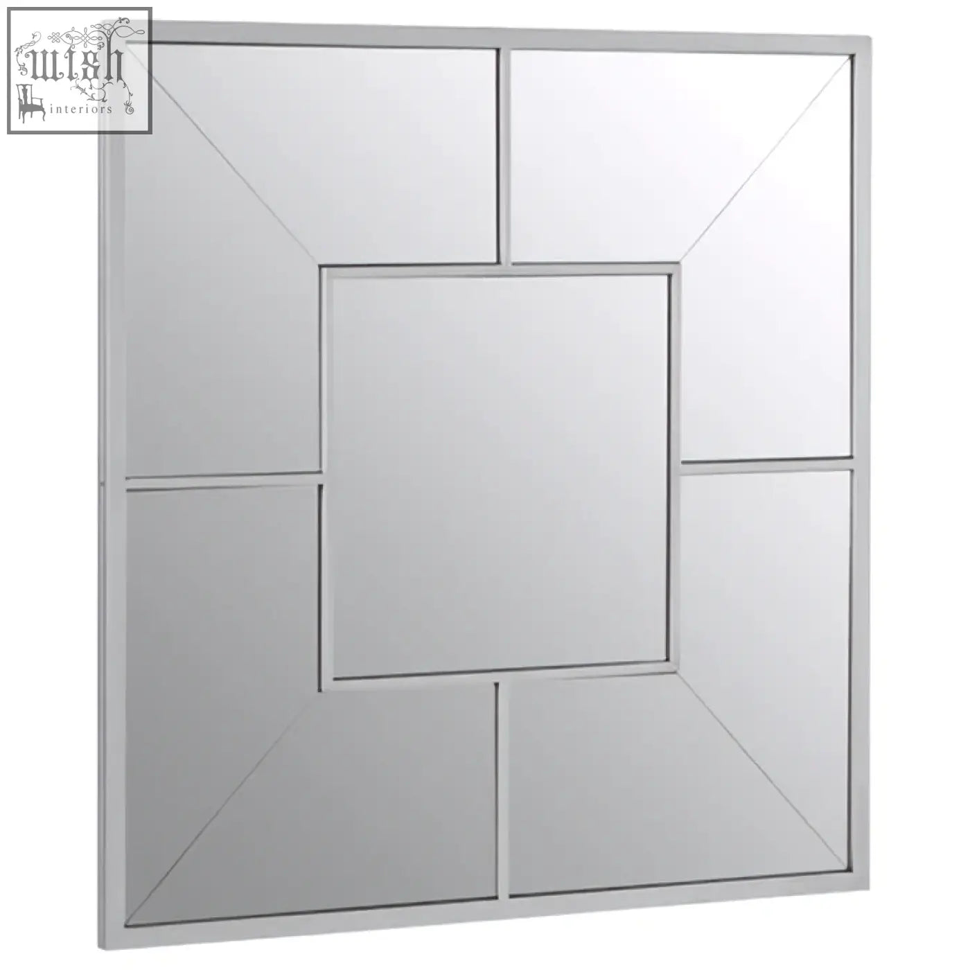 Silver-framed large solar effect wall mirror with central square and four triangular geometric panels
