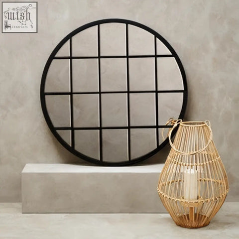 Black circular metal descartes round wall mirror with grid pattern for stylish home decor