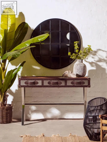 Black descartes round metal wall mirror with grid pattern and sleek metallic frame for stylish decor