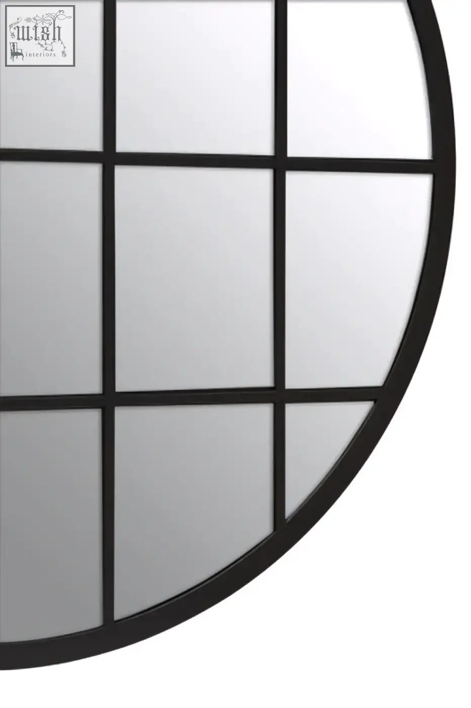 Black descartes round metal wall mirror with grid of square panes and sleek modern frame for stylish decor