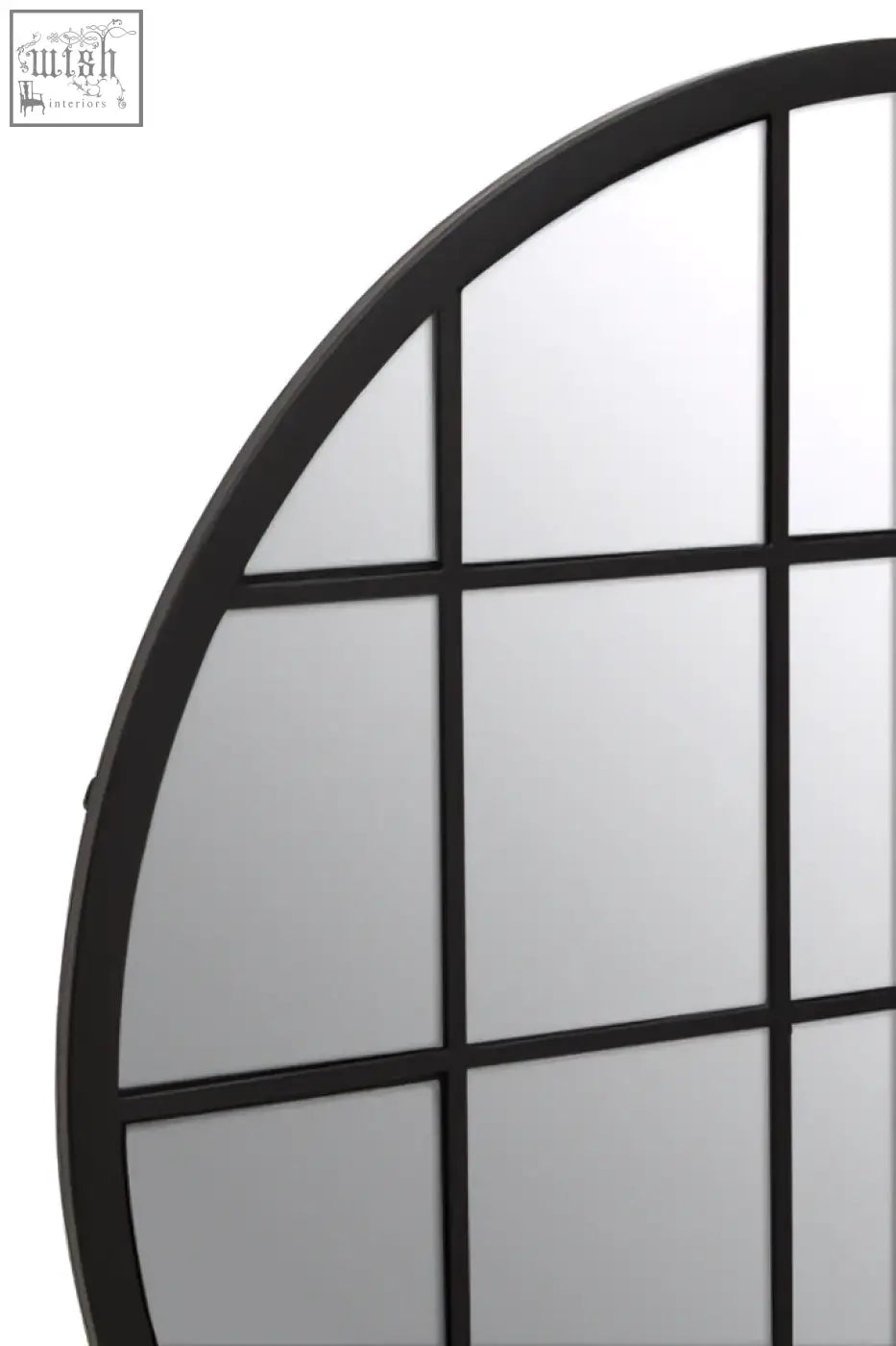 Black framed descartes round metal wall mirror with circular shape and rectangular pane grid design