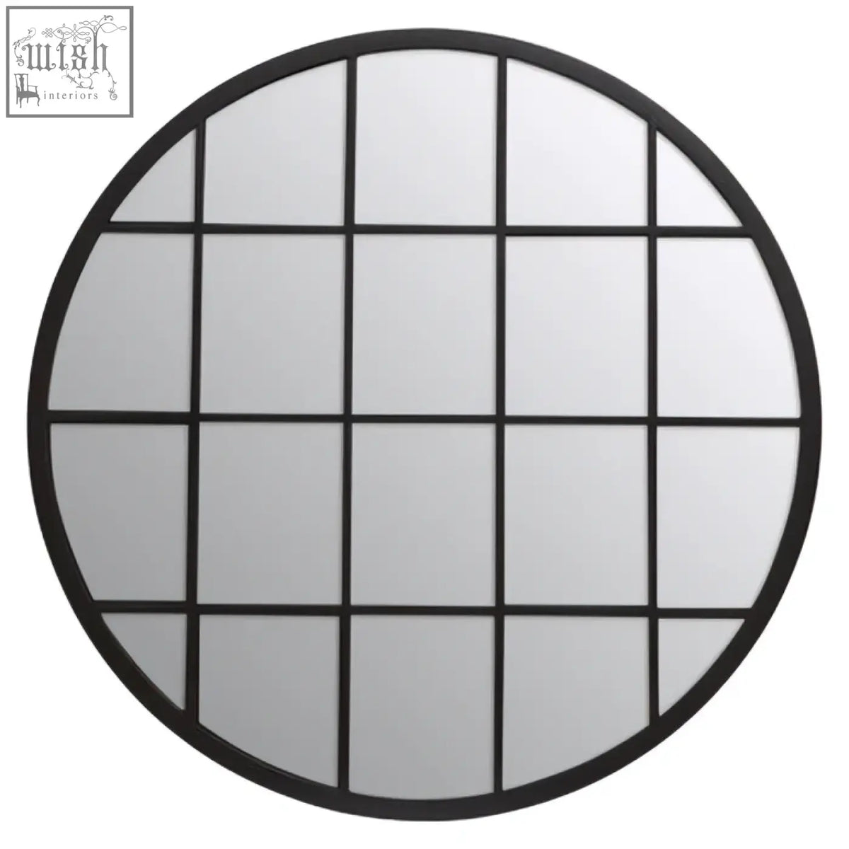 Descartes round metal wall mirror with black metal frame divided into grid panes for stylish wall decor
