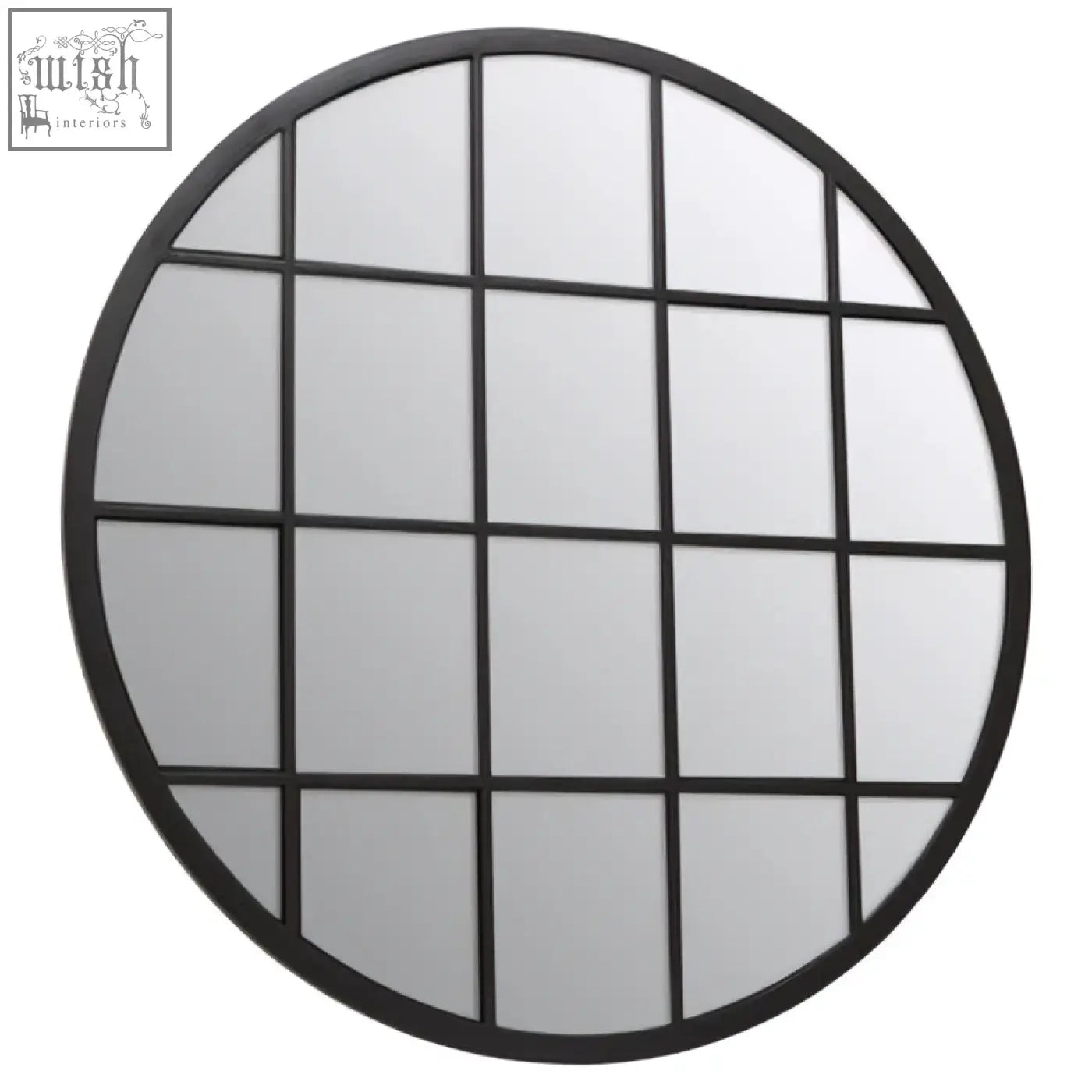 Circular black framed descartes round metal wall mirror with a grid pattern of nine rectangular panes