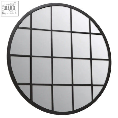 Circular black framed descartes round metal wall mirror with a grid pattern of nine rectangular panes