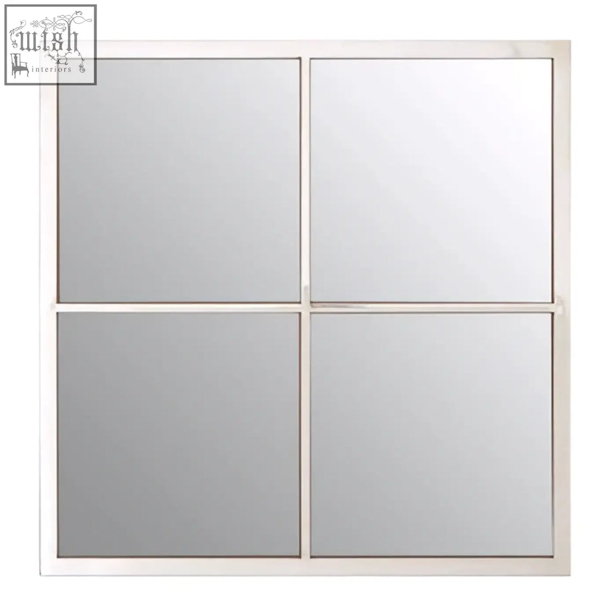 Descrates square window pane wall mirror with four reflective panels in a sleek silver metal frame for modern decor