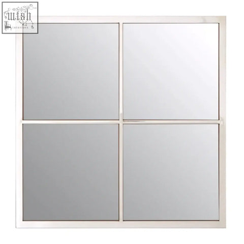 Descrates square window pane wall mirror with four reflective panels in a sleek silver metal frame for modern decor