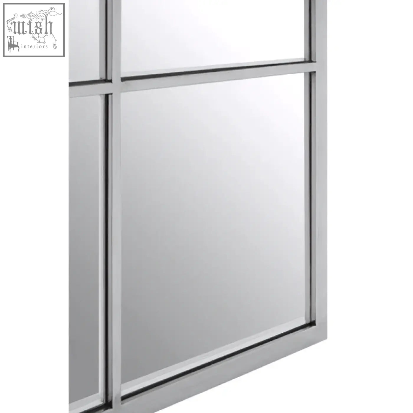 Silver-framed descrates square window pane wall mirror with four rectangular mirrored panels and grid design