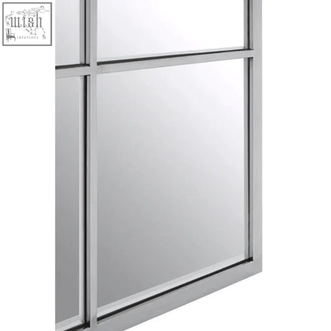Silver-framed descrates square window pane wall mirror with four rectangular mirrored panels and grid design