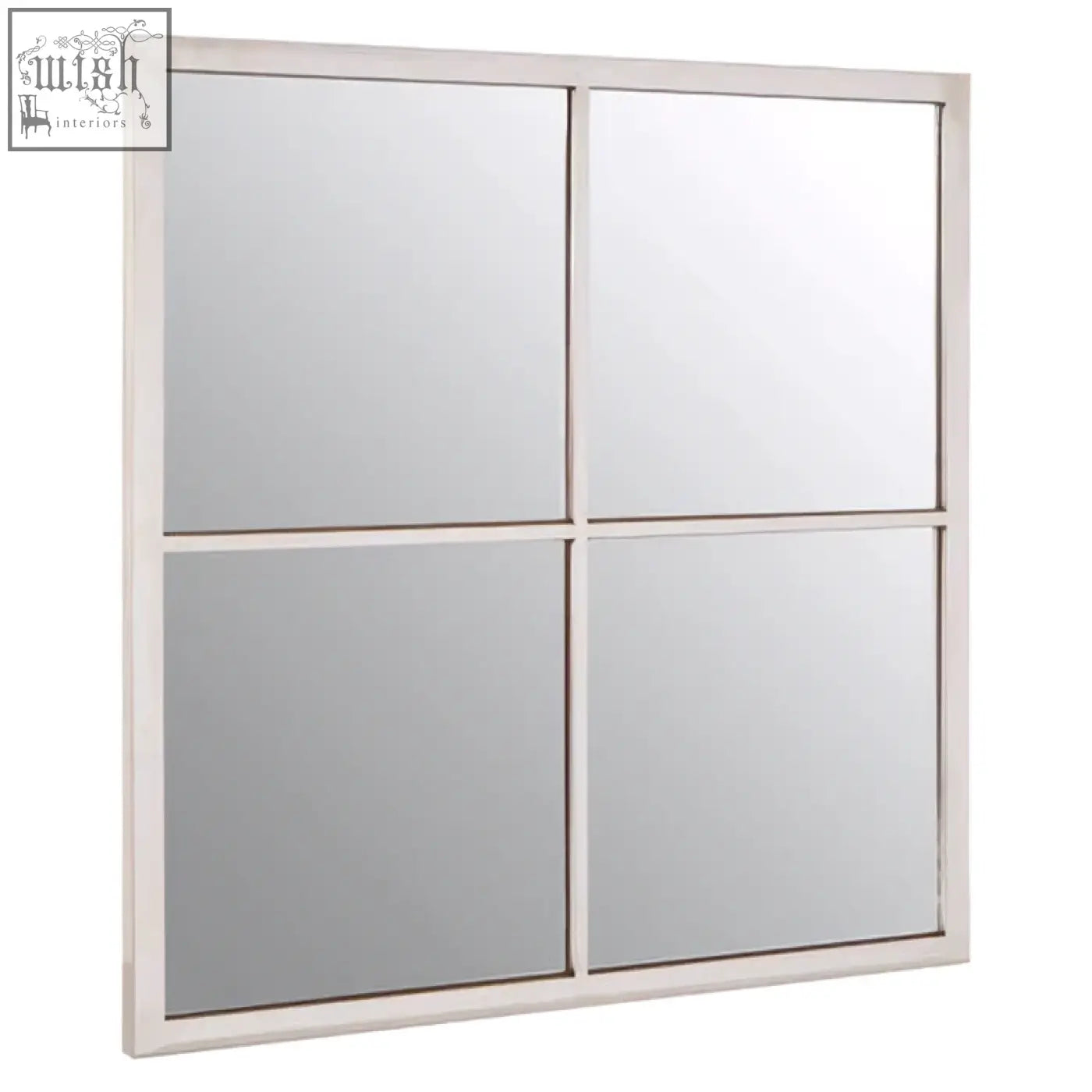 White-framed descrates square window pane wall mirror with four reflective glass panels and pane wall design