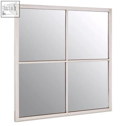 White-framed descrates square window pane wall mirror with four reflective glass panels and pane wall design