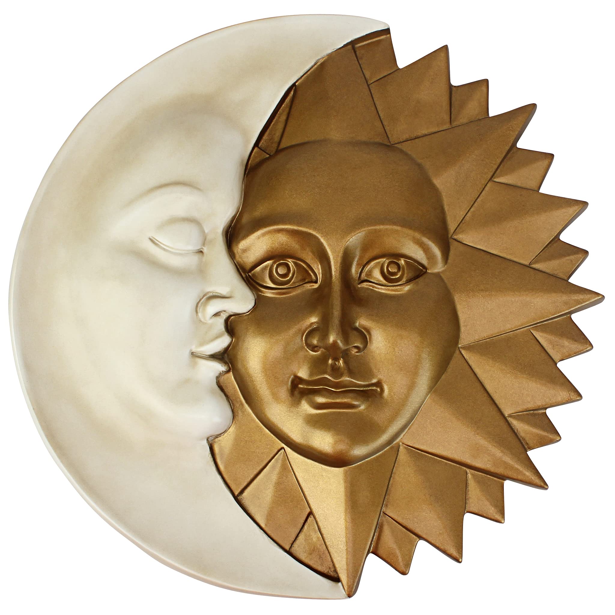 Design toscano moon outdoor wall sculpture with white crescent moon and gold sun in polyresin for outdoor use