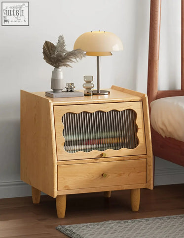 Light wood devin bedside table with scalloped glass panel and matching drawer solid wood bedside table