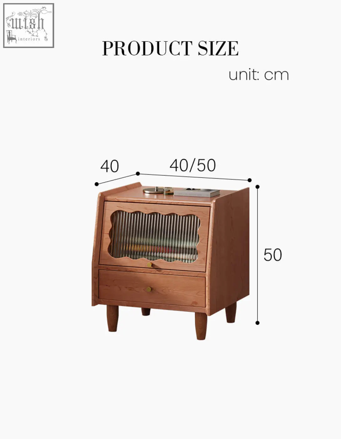 A warm-toned solid wood devin bedside table with glass-fronted compartment and drawer on tapered legs