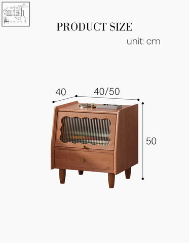 A warm-toned solid wood devin bedside table with glass-fronted compartment and drawer on tapered legs