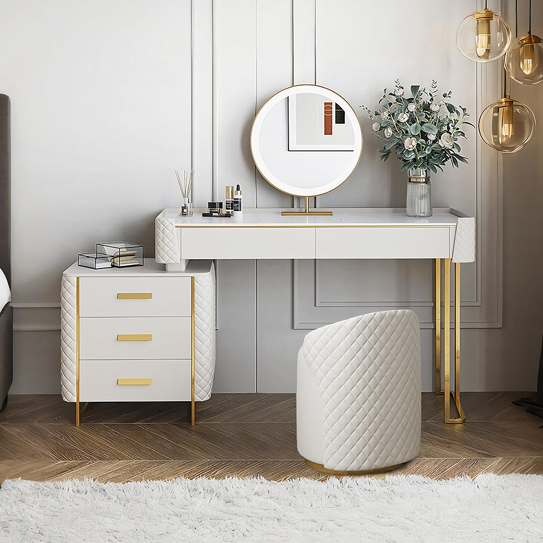 White quilted devorit dressing table with gold legs and trim for elegant bedroom vanity use