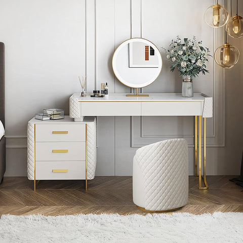 White quilted devorit dressing table with gold legs and trim for elegant bedroom vanity use