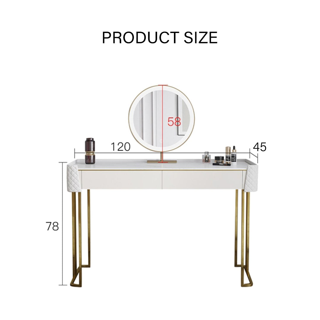 White devorit dressing table with gold legs and round mirror for stylish vanity and dressing use