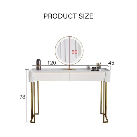 White devorit dressing table with gold legs and round mirror for stylish vanity and dressing use