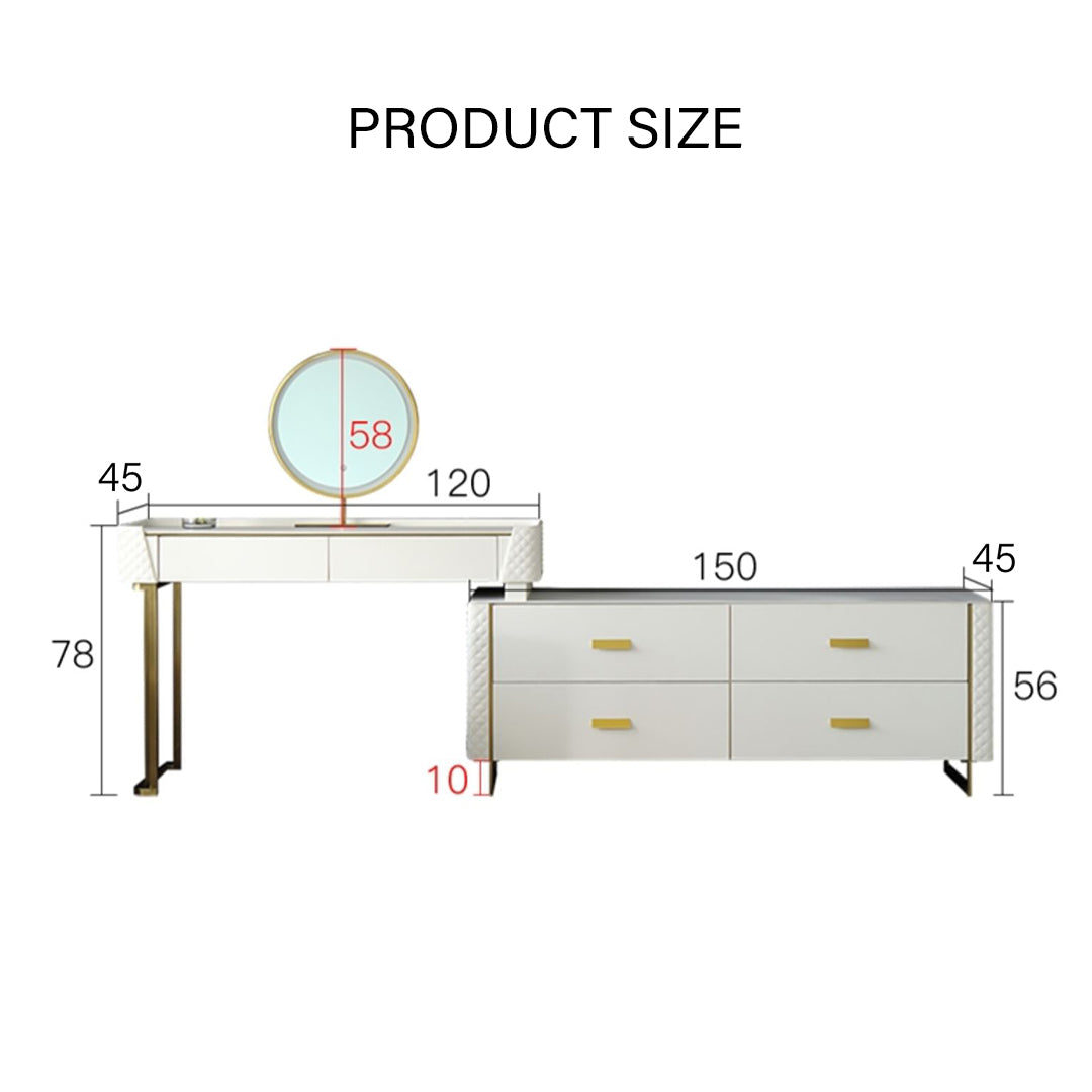 White devorit dressing table with gold tone legs handles round mirror and four drawers for organized storage