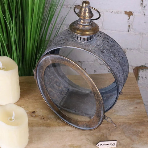 Devra vintage style round lantern metal with brass top handle clear glass and intricate floral etchings vintage style round