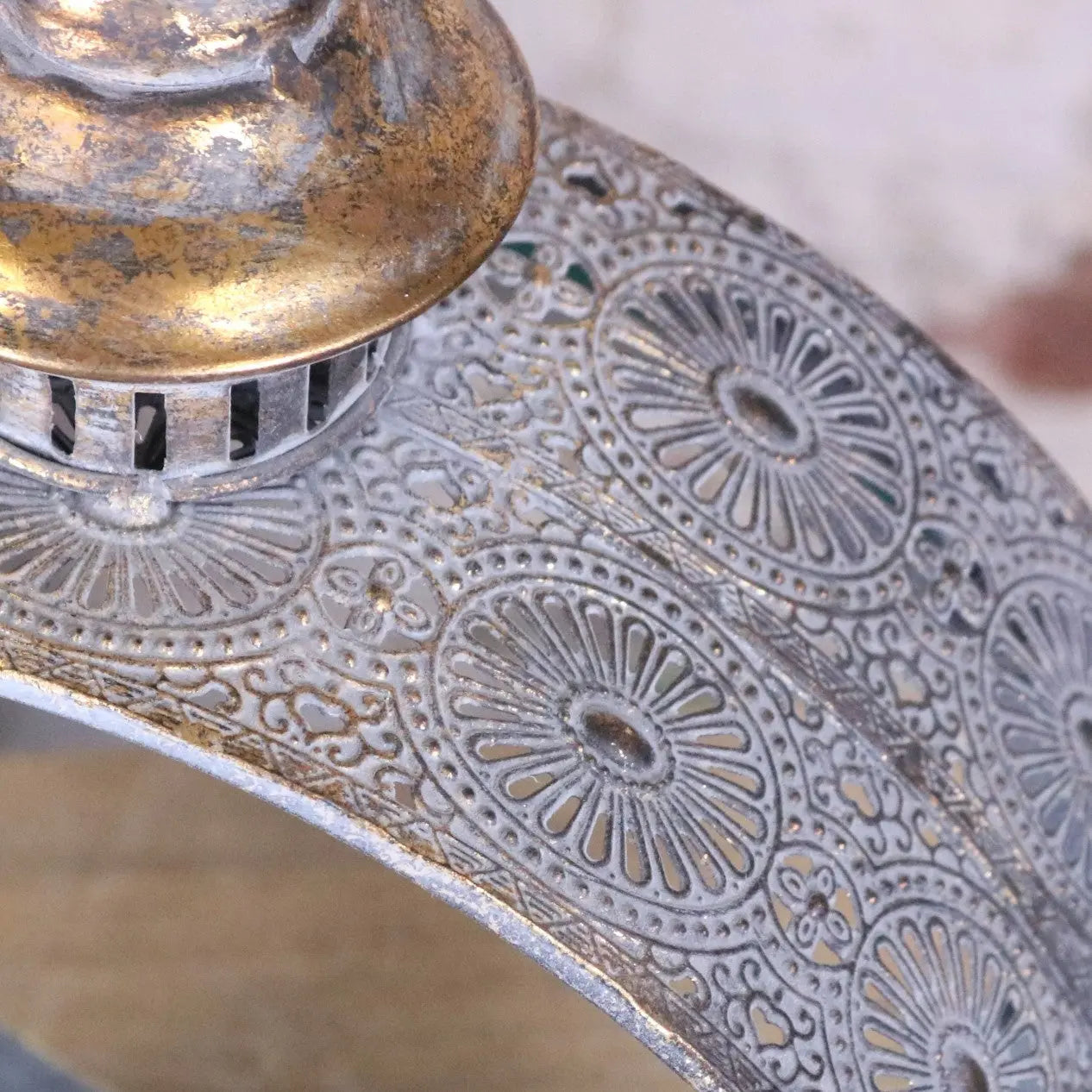 Antique-style verra vintage style round lantern with intricate floral engravings and tarnished gold finish metal