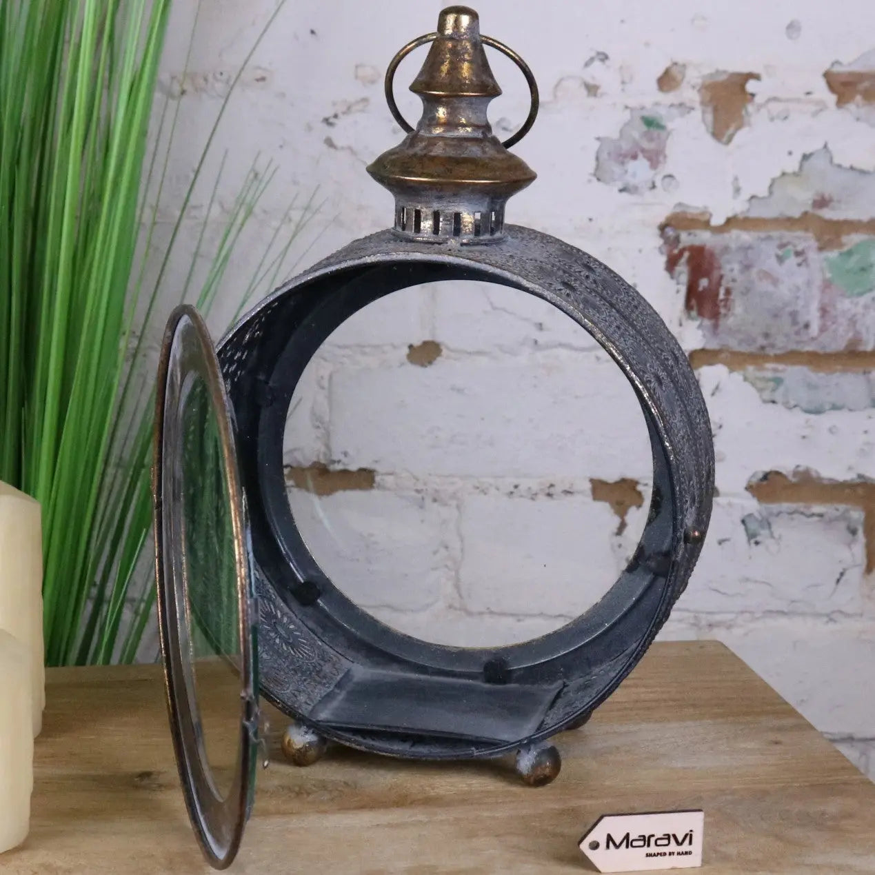 Antique-style devra vintage style round lantern with dark weathered metal finish and ornate detailing