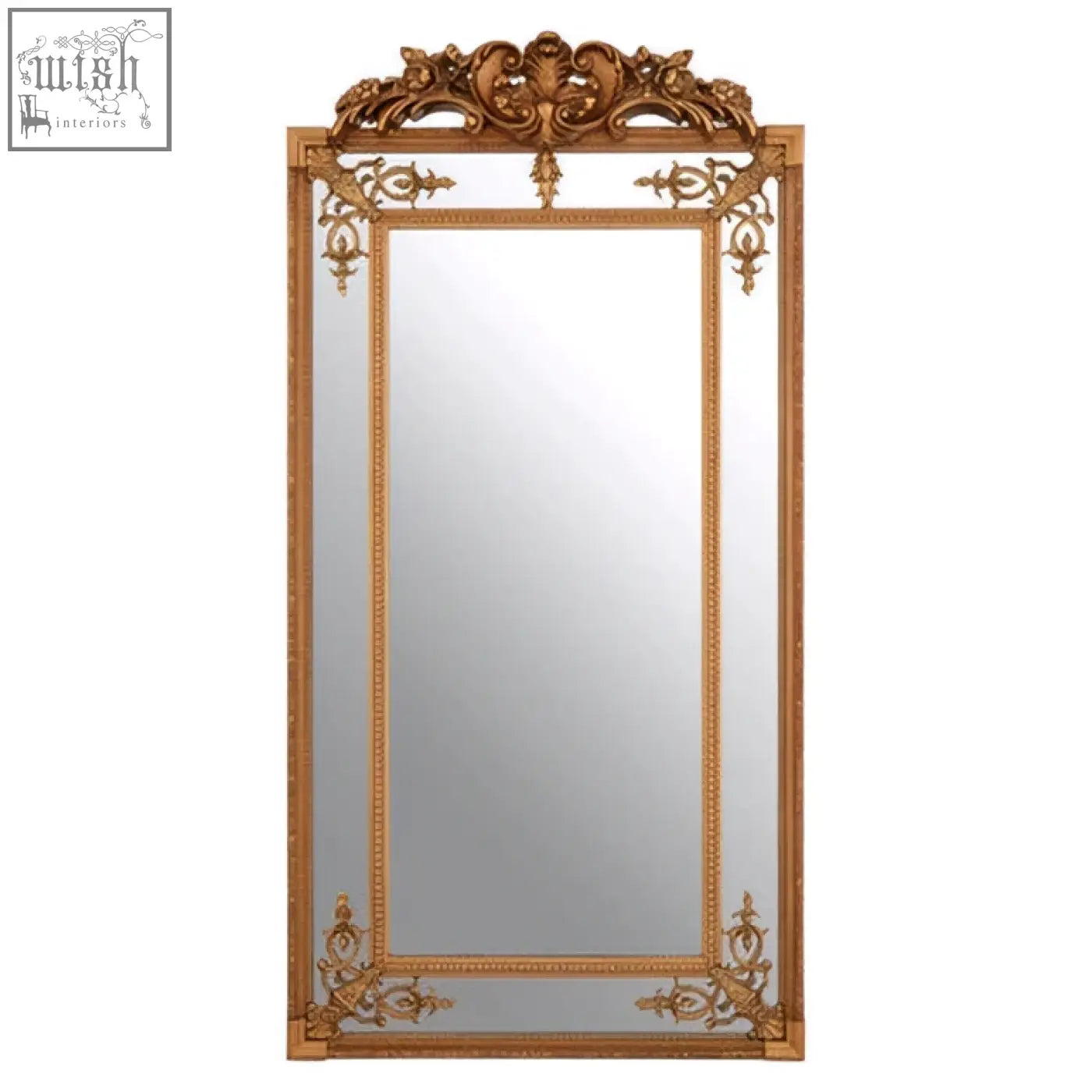Deymonte ornate mirror with gold finish featuring a gilded frame and intricate baroque-style detailing