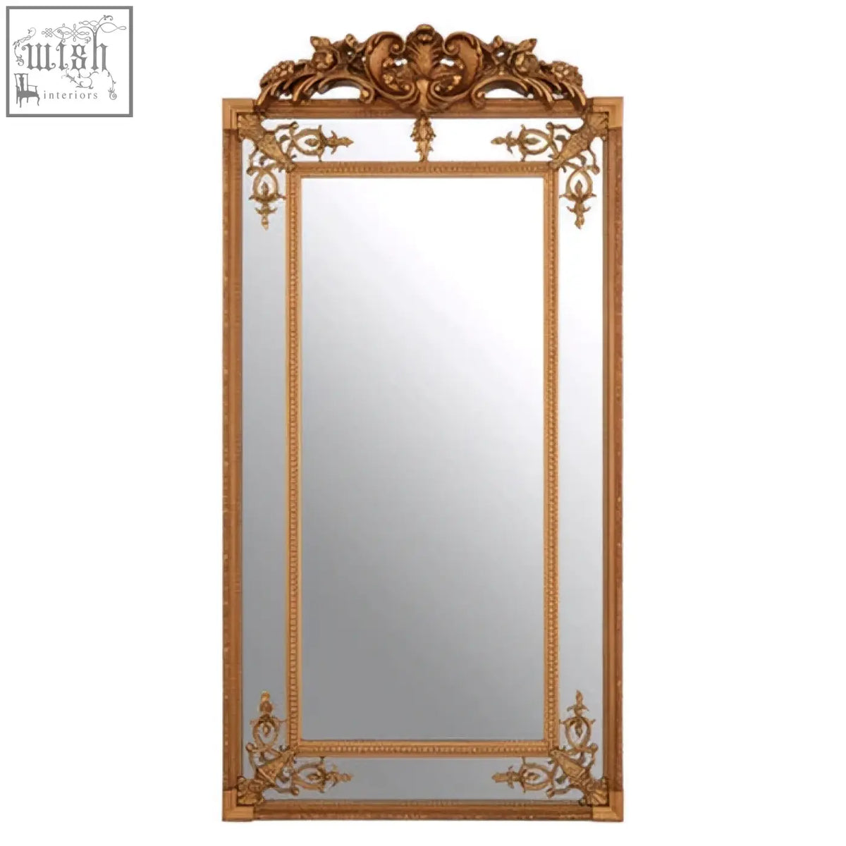 Deymonte ornate mirror with gold finish featuring a gilded frame and intricate baroque-style detailing