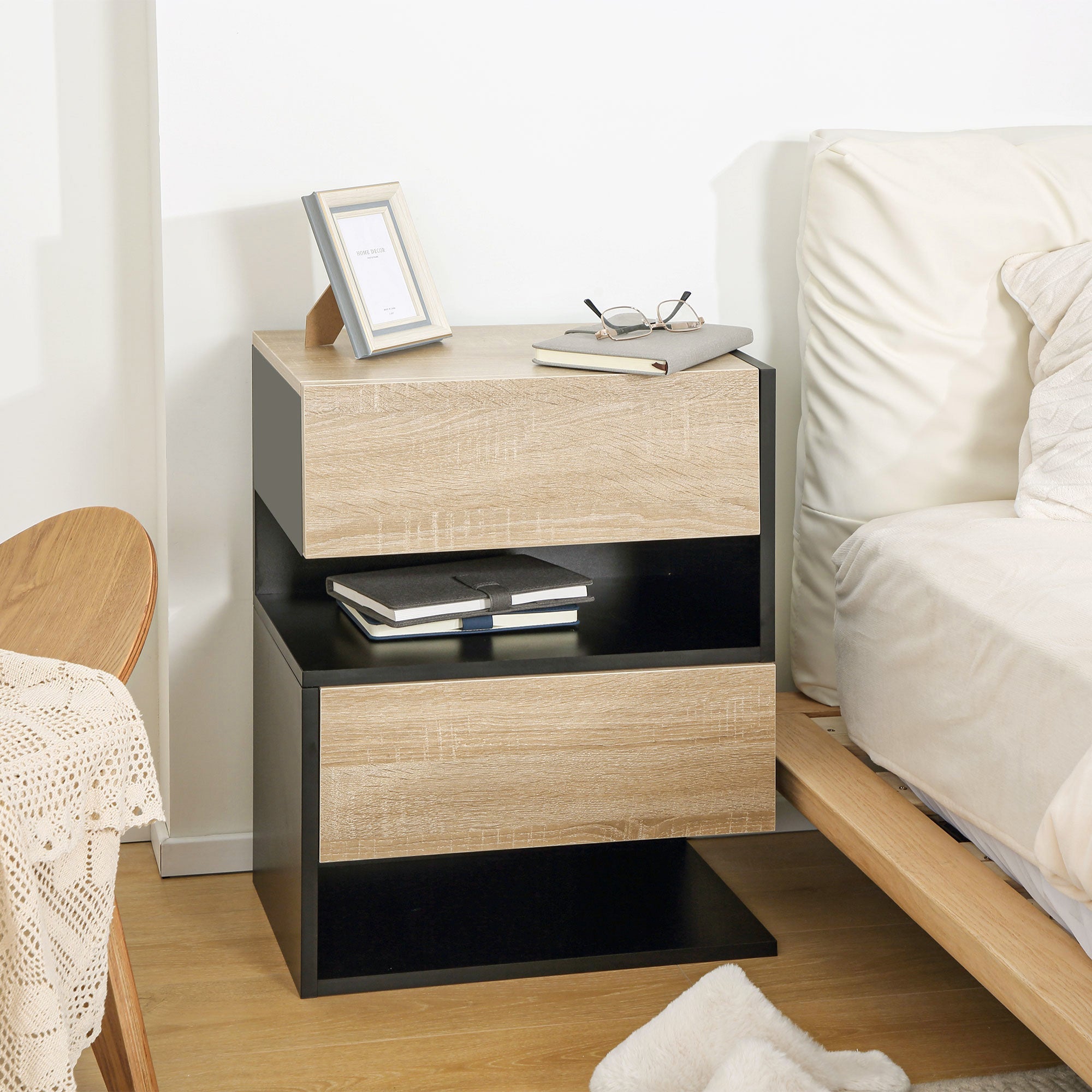 HOMCOM Floating Bedside Table Set of 2, Wall Mounted Bedside Cabinet with Drawer and Open Shelf, Modern Nightstand for Bedroom, 46 x 30 x 30 cm, Oak Tone