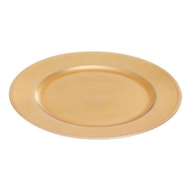Gold finish dotted charger plate with gold-colored oval shape metallic sheen and decorative beaded edge