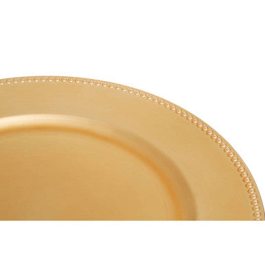 Gold finish charger plate with a dotted beaded edge detail perfect for elegant table settings