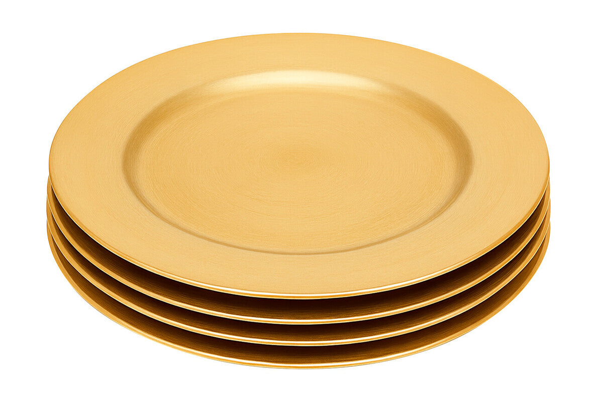 Stack of four gold charger plates with dia gold finish and smooth glossy flat style design