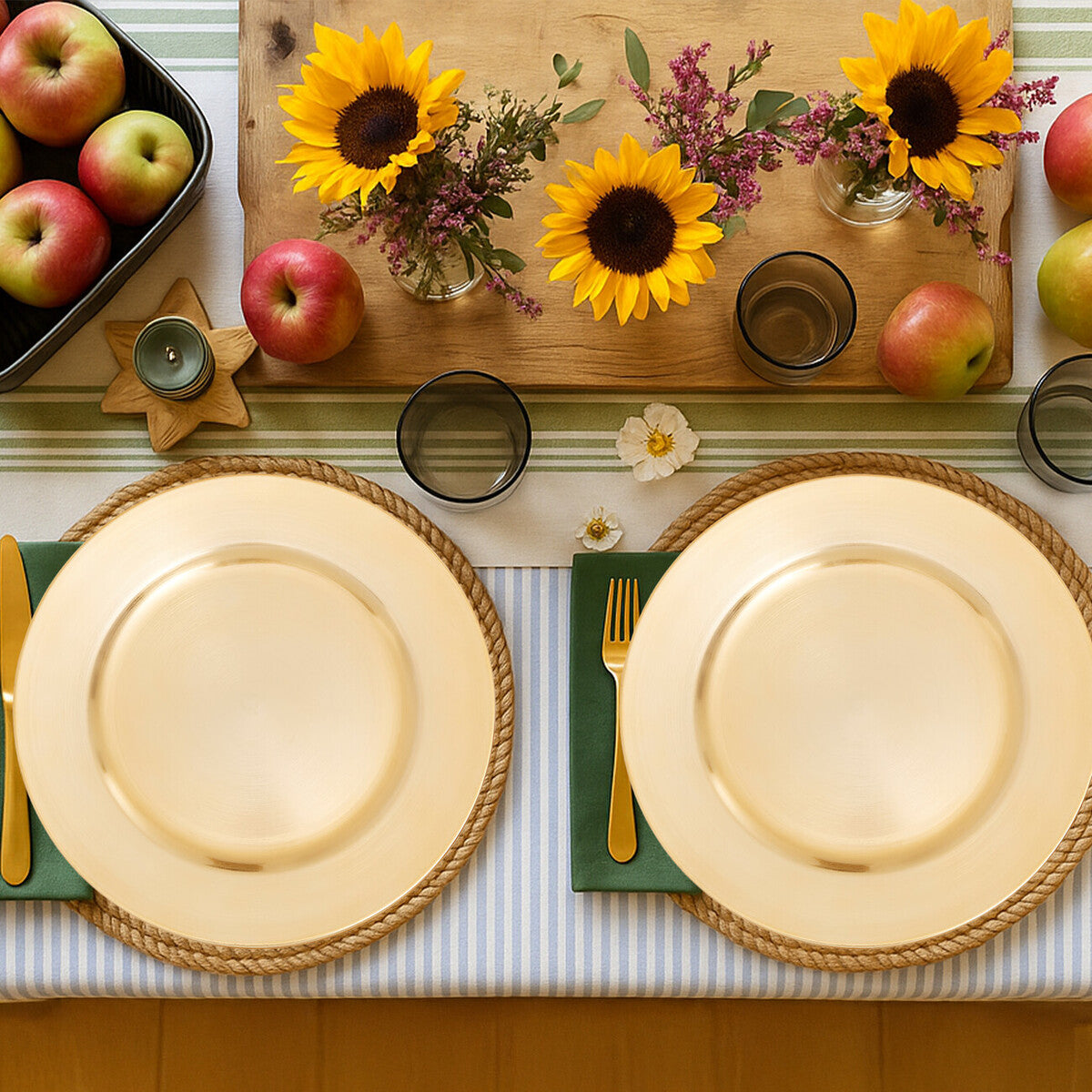 Cream-colored metallic dia gold finish charger plate with subtle raised rim set on woven placemats