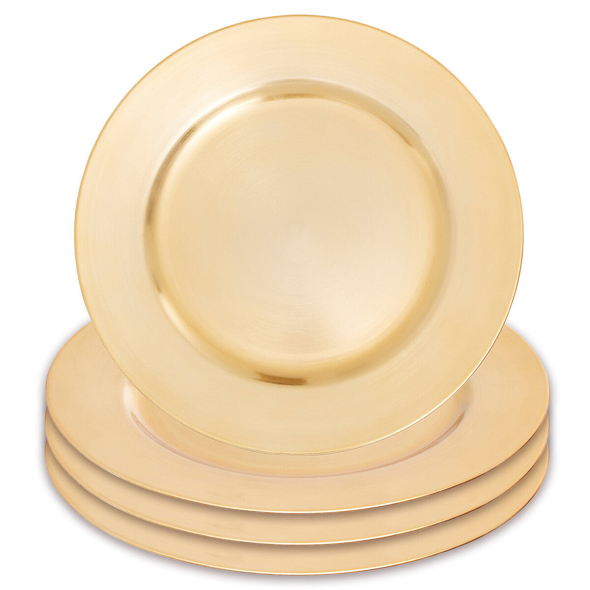 Set of five gold charger plates with dia gold finish flat style metallic look and subtle raised rim design
