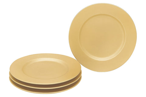 Set of four beige ceramic charger plates with dia gold finish flat style and subtle smooth rim for dining use