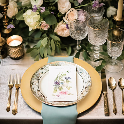 Gold-rimmed floral dinner plate with delicate botanical illustration on a matching dia gold finish charger plate