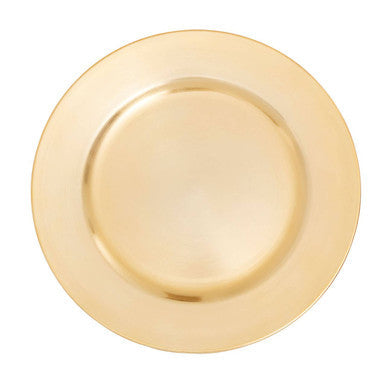 Gold charger plate with a smooth reflective surface and raised rim featuring dia gold finish flat style design
