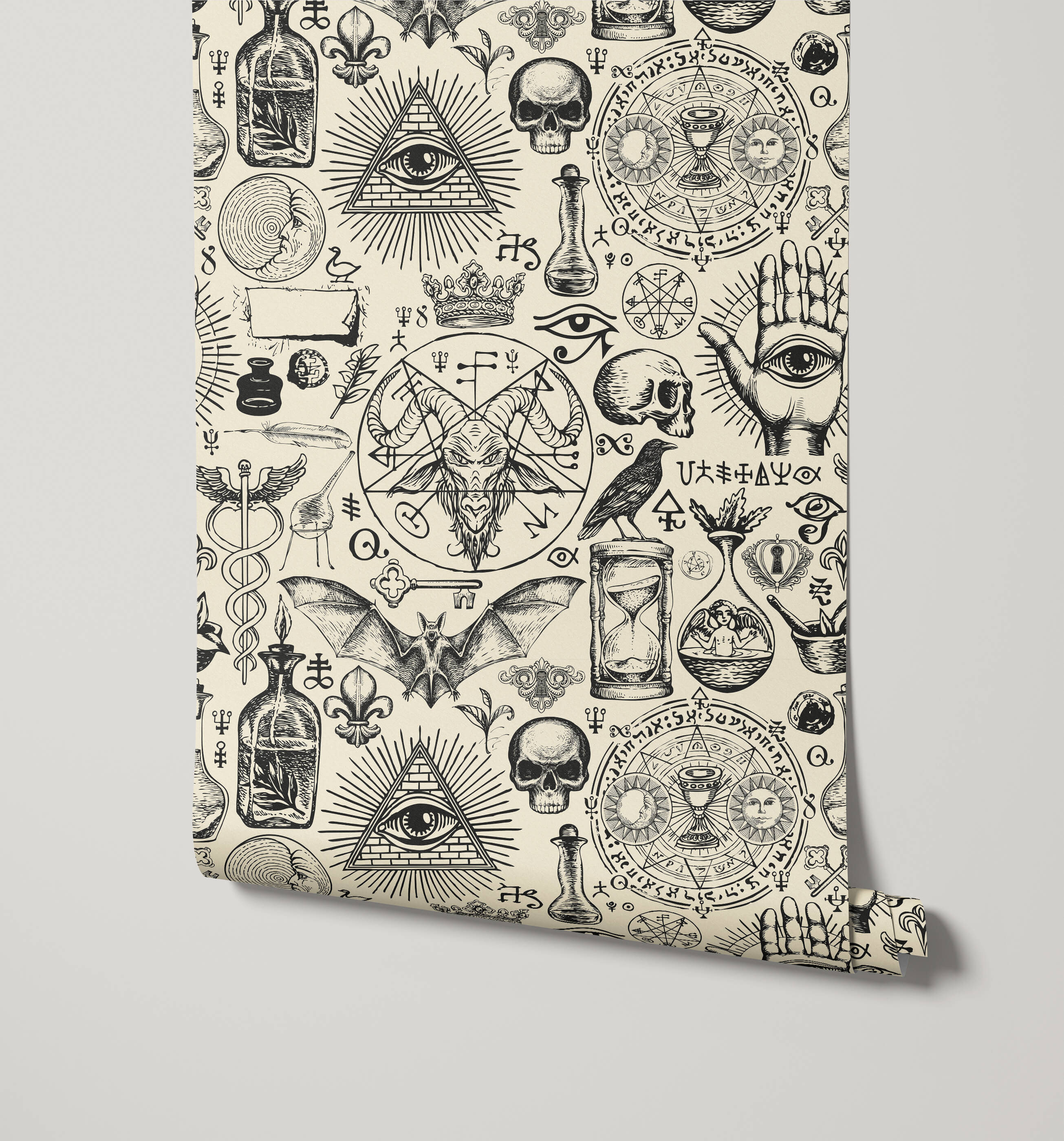 Diablo cream wallpaper with intricate black line art of mystical symbols including skulls eyes and alchemical imagery