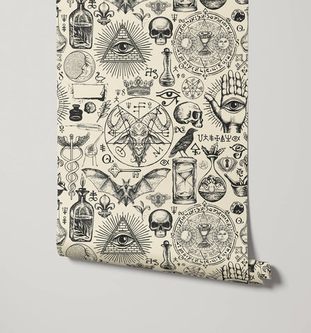 Diablo cream wallpaper with intricate black line art of mystical symbols including skulls eyes and alchemical imagery