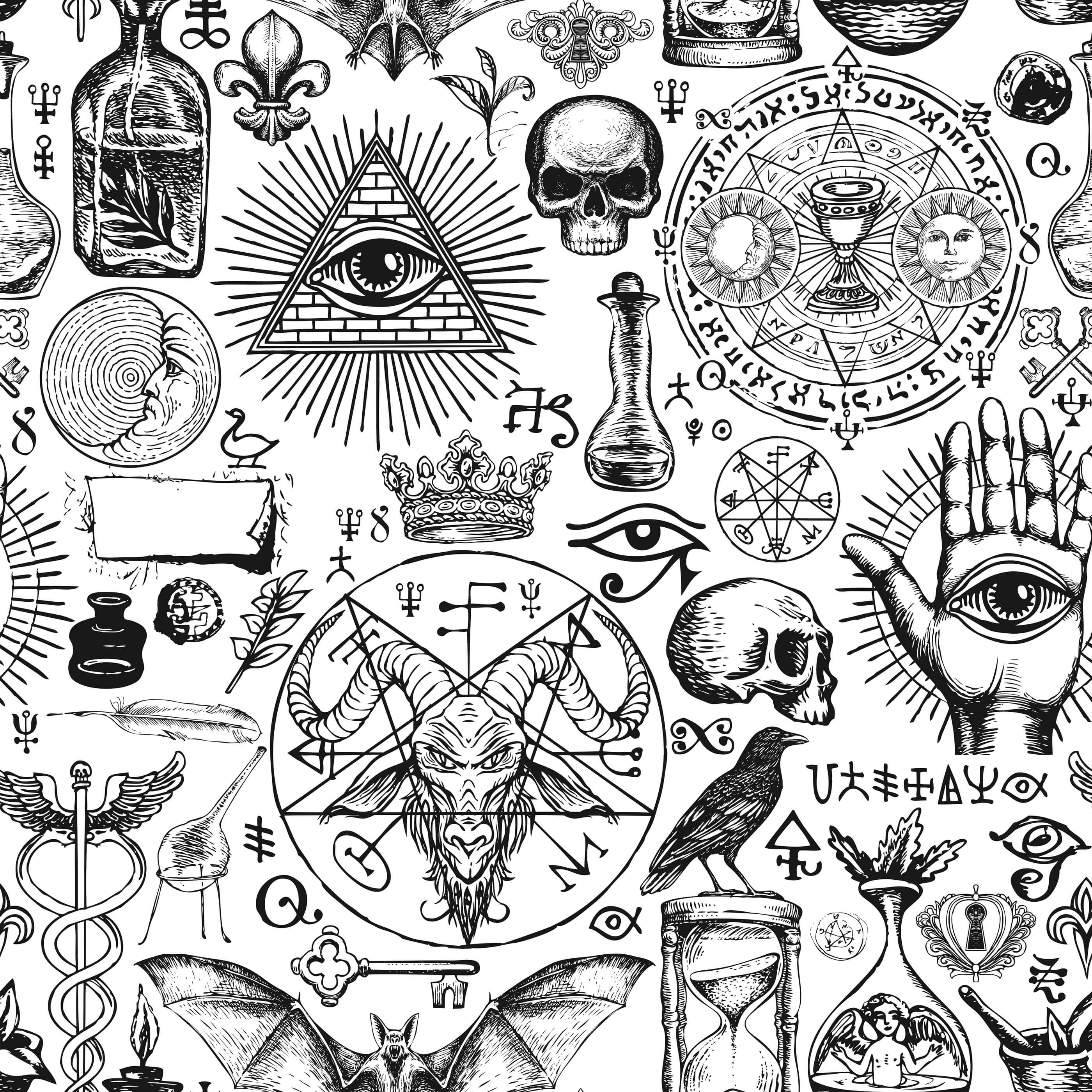 Black and white Diablo shirt with mystical symbols like skulls eyes in triangles and pentagrams in detailed pattern