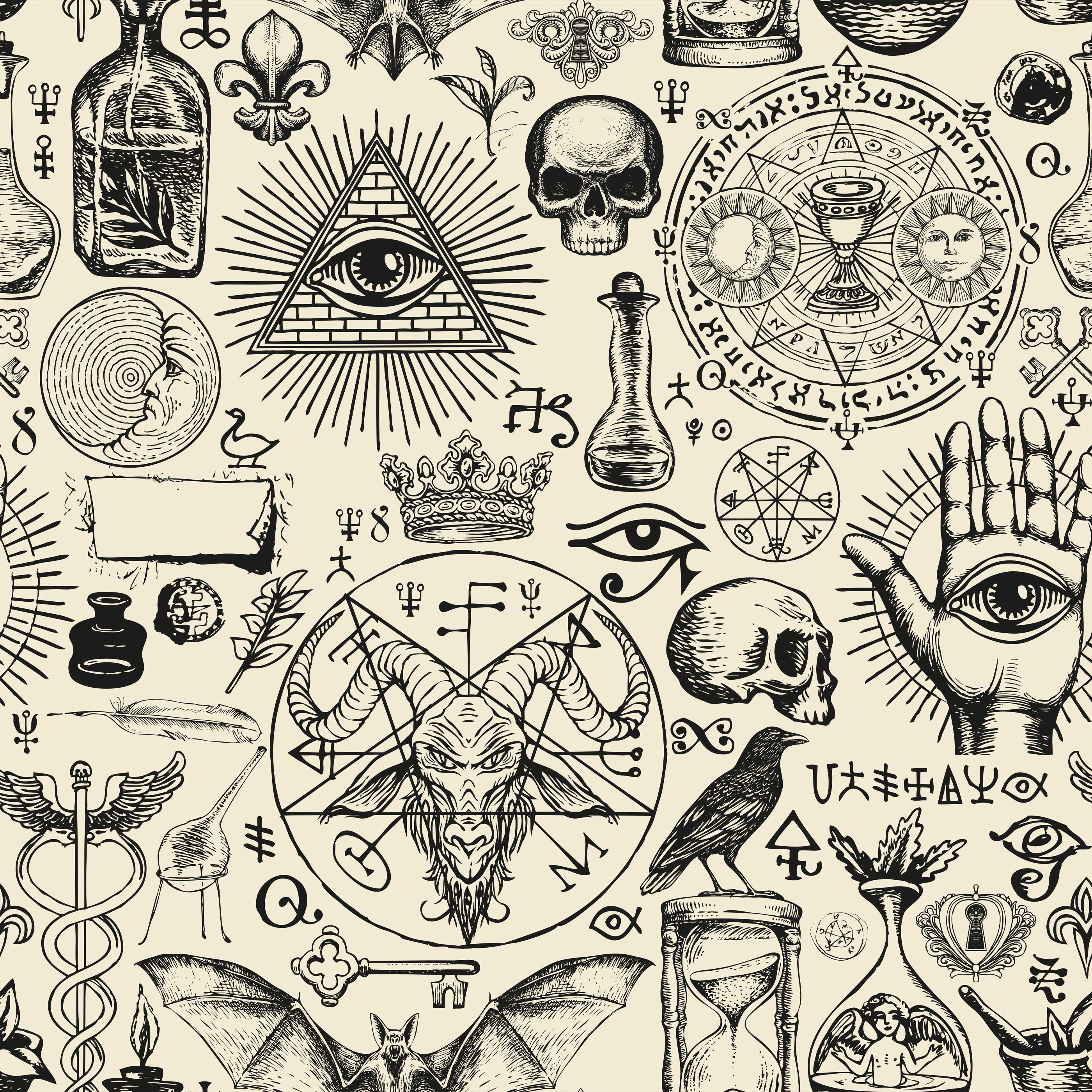 Black ink illustration of mystical symbols on cream background for diablo product with occult and esoteric style