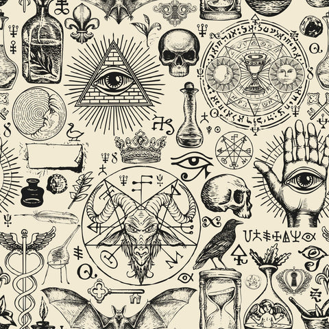 Black ink illustration of mystical symbols on cream background for diablo product with occult and esoteric style
