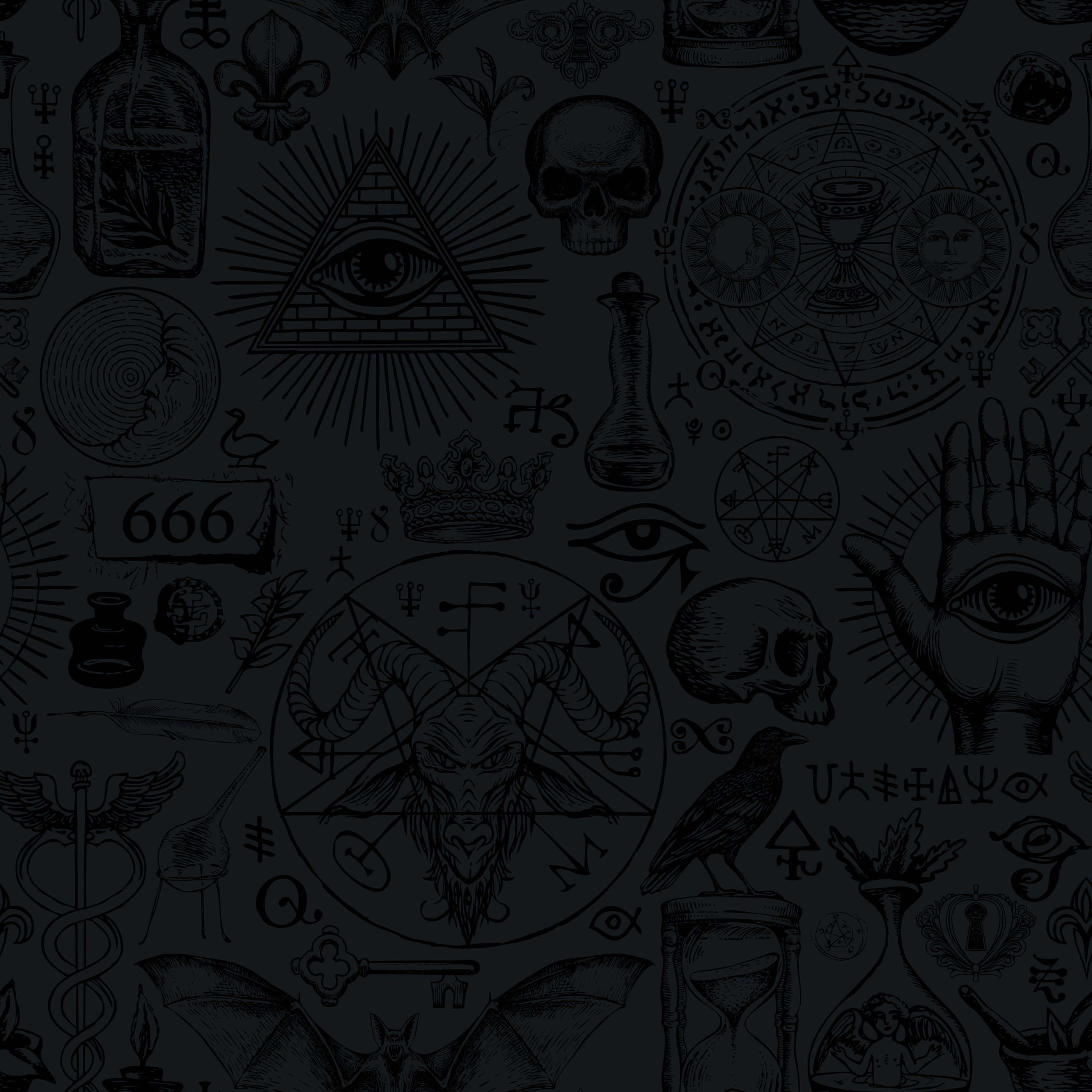 Diablo black wallpaper with intricate mystical symbols like all-seeing eye skulls and pentagrams for occult decor
