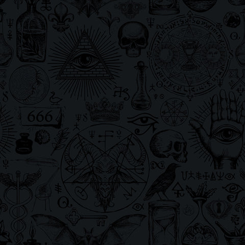 Diablo black wallpaper with intricate mystical symbols like all-seeing eye skulls and pentagrams for occult decor
